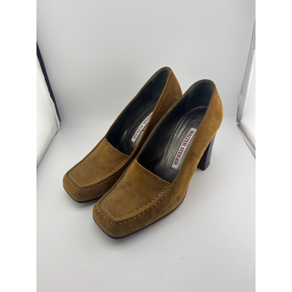 Walter Steiger Tan Suede Square Toe Block Heel Loafer Pumps Made in Italy 6.5 B